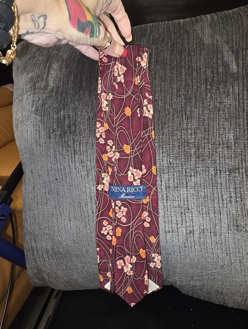 Nina Ricci Burgundy 100% Silk Tie with Pink and Orange Floral Print - Picture 7 of 7
